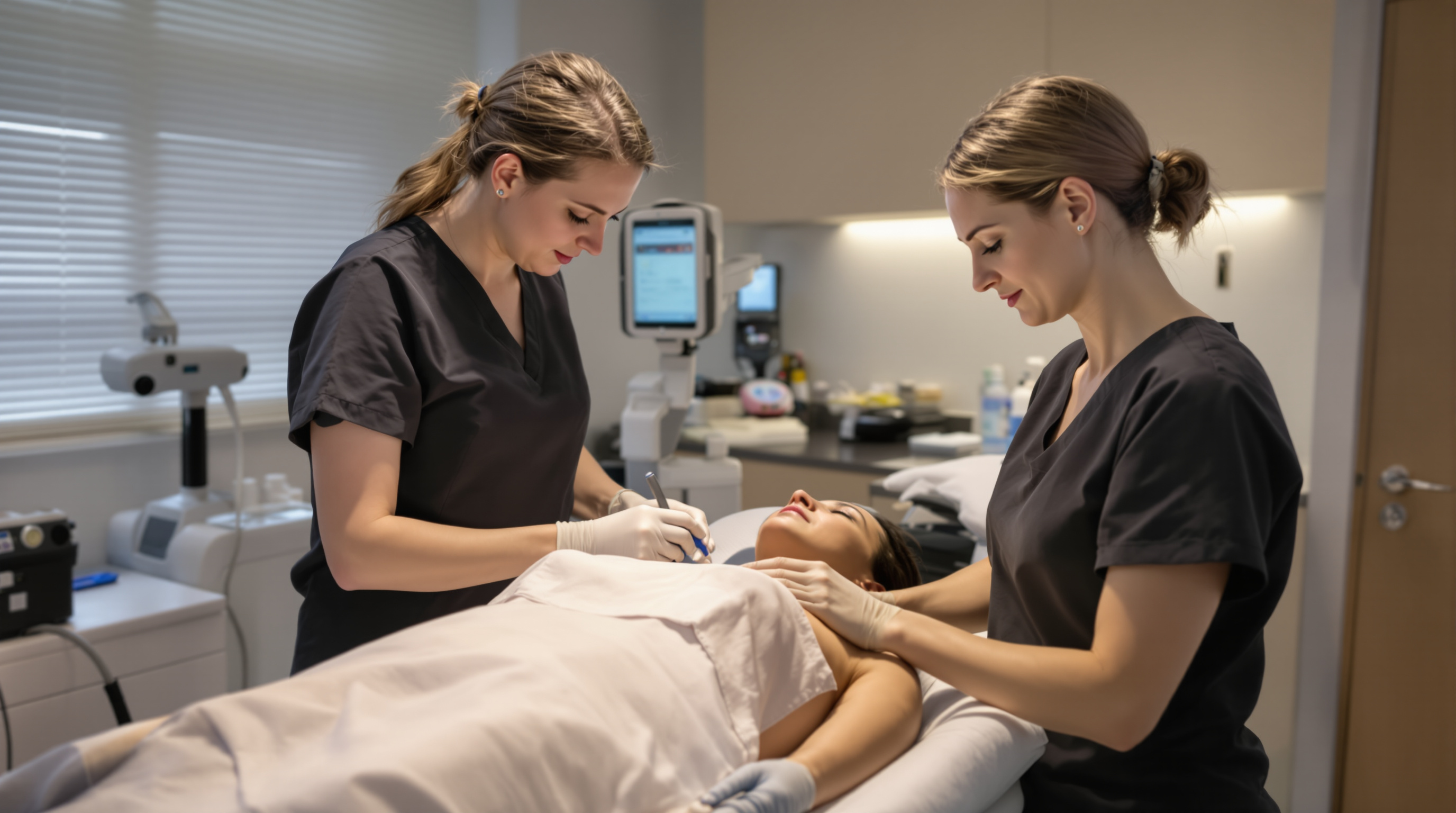 A clinician examining a seated patient's abdomen during a body contouring consultation in a bright clinic