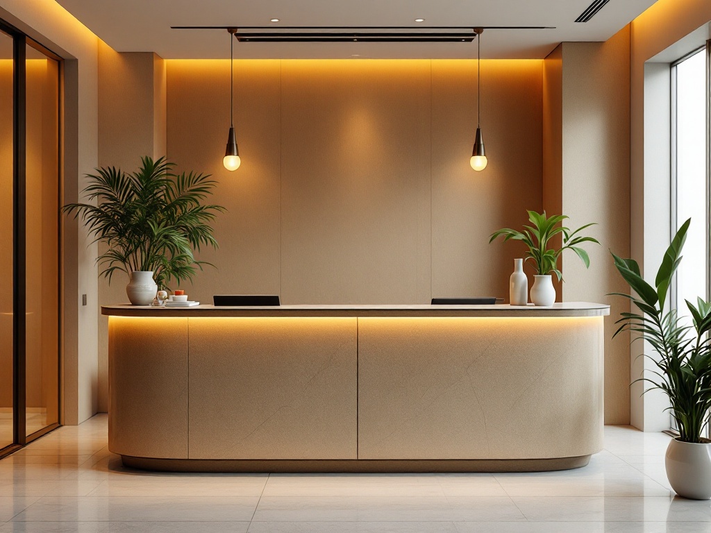 A welcoming modern medical-spa reception desk with plants and warm lighting