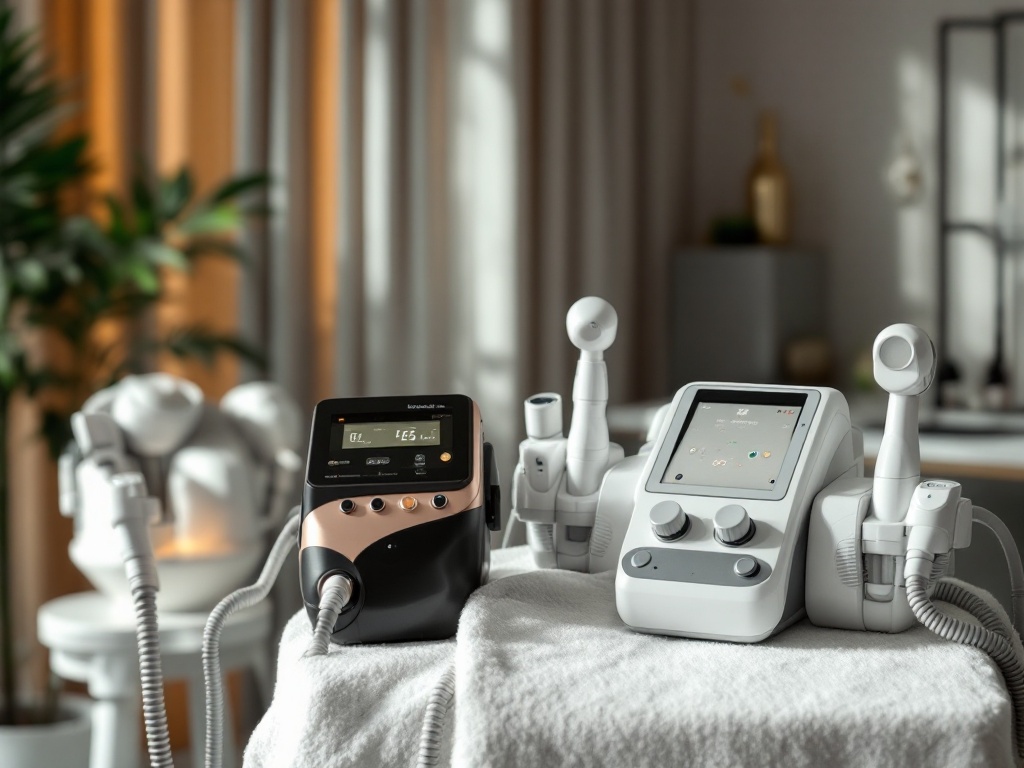 Two aesthetic body-contouring devices set up together in a bright clinic treatment room