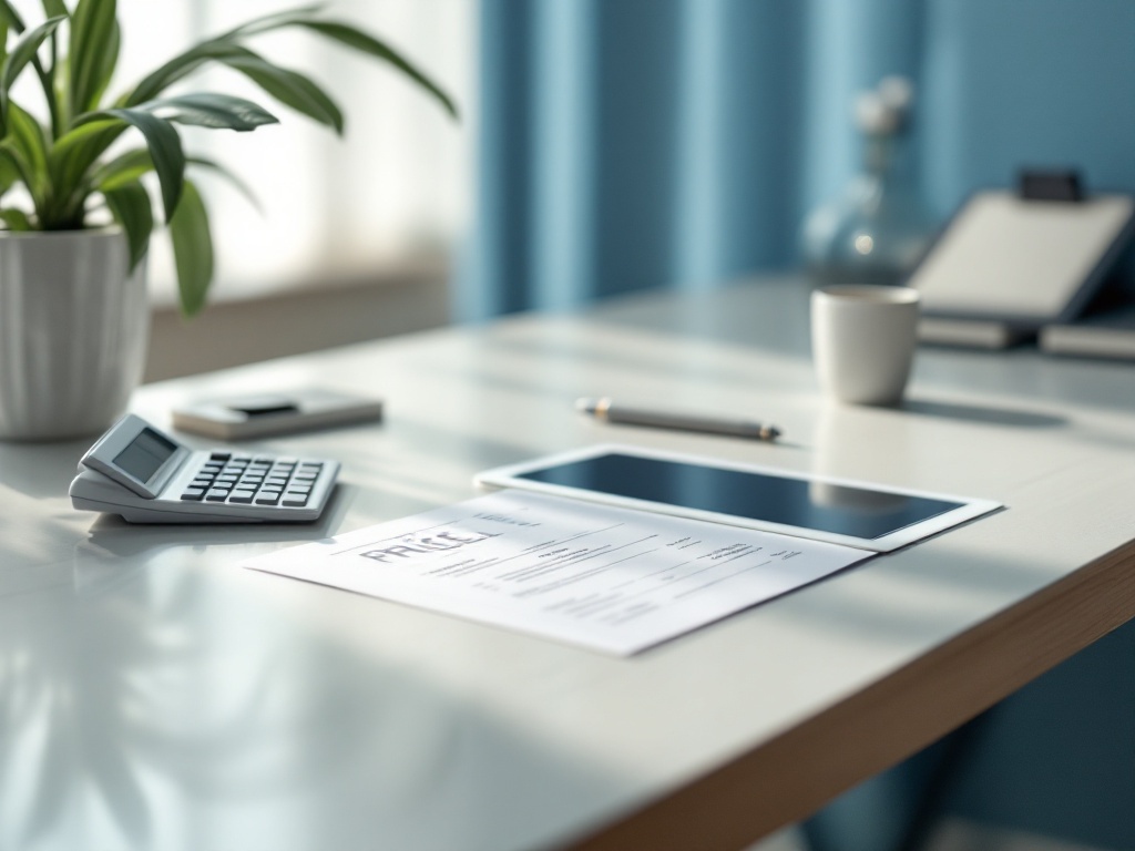A medical-spa consultation desk with a calculator, price sheet, and tablet in soft daylight