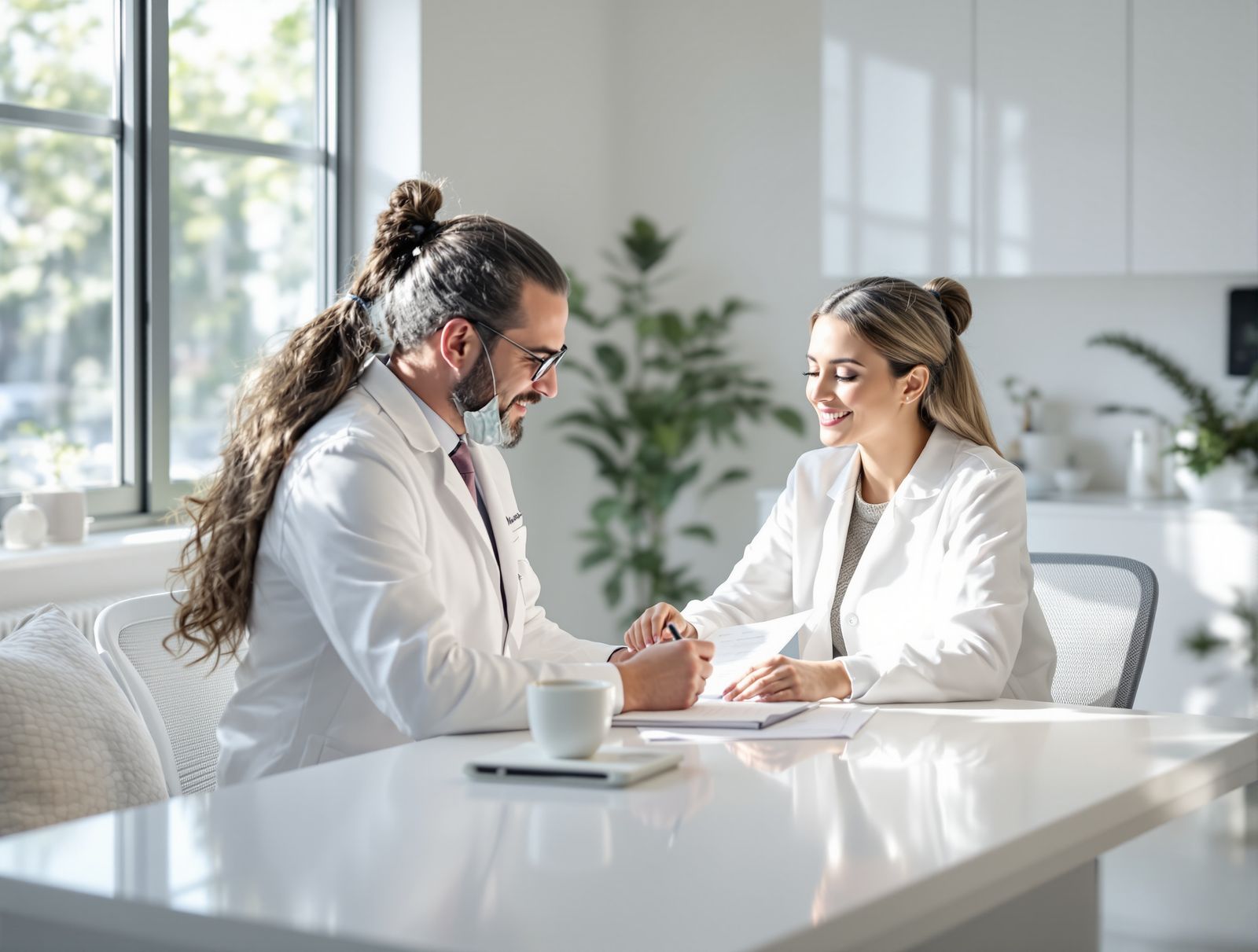 A doctor in a white coat reviewing a treatment consent form with a patient at a bright clinic desk