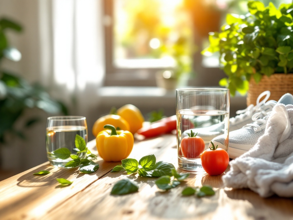 A healthy-lifestyle still life with water, fresh vegetables, running shoes, and a towel