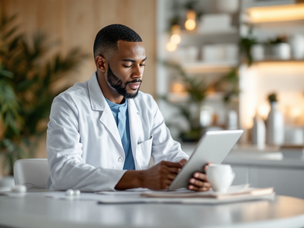 A clinician in a white coat studying medical imaging and notes at a bright clinic workstation